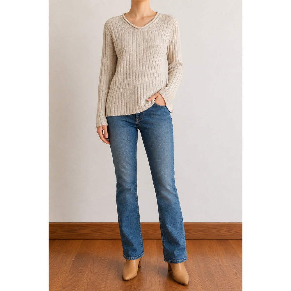 Ralph Lauren Roll V Neck Ribbed Knit Sweater Women PM Cream Silk Linen Cotton
